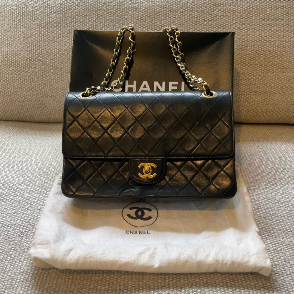 CHANEL Black Quilted Lambskin Shoulder Bag with Gold Hardware